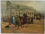 Busy London street scene possibly Buckingham Palace by P Evans, oil on board, offered Oct 2026