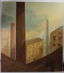 Industrial landscape by P Evans, oil on canvas, sold Oct 2026