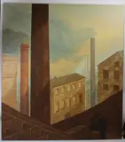 Industrial landscape by P Evans, oil on canvas, sold Oct 2026