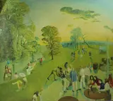 Busy riverbank scene by P Evans, oil on canvas, sold Oct 2026