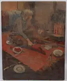 Interior scene of a woman seated by a fire by Jane Wolesley, oil on board, sold Oct 2026