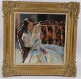 Young lady with fan on a settee by Dianne Flynn, oil on canvas, offered Oct 2026