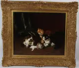 Drie poesjes bij omgevallen kopje melk by Brunel Neuville, oil on canvas, offered Oct 2026