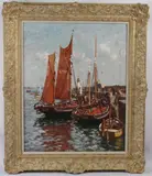 Sailing boats in harbour by Gyrth Russell, oil on canvas, sold Oct 2026