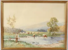Landscape with farmer and cattle at a rivers edge by David Bates, watercolour, sold Oct 2026