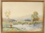 Landscape with farmer and cattle at a rivers edge by David Bates, watercolour, sold Oct 2026