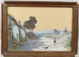 Landscape and cottages with a woman and child feeding geese by John White, watercolour, sold Oct 2026