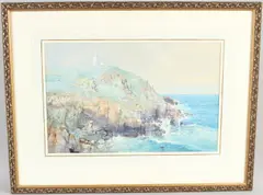 Coastal scene with lighthouse by George Wolfe, watercolour, offered Oct 2026