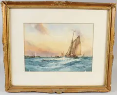 Fishing boats at sea by J. Hill, watercolour, sold Oct 2026