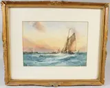 Fishing boats at sea by J. Hill, watercolour, sold Oct 2026