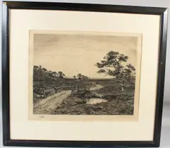 Landscape with figure on a bridge engraving by Frederick Albert Slocombe, 1883, engraving, offered Oct 2026