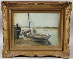 Moored fishing baot by William Eric Thorp, oil on panel, sold Aug 2026
