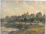Riverbank and town beyond by Sidney Dennant Moss, oil on canvas, sold Aug 2026