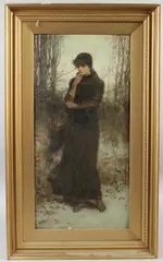 Woman standing in a woodland clearing by George Henry Boughton, oil on board, sold Aug 2026