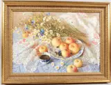 Still life of fruit and flowers by E Netpoba, oil on canvas, sold Aug 2026