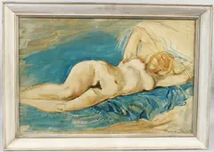 Reclining nude oil on canvas signed and dated 1964 39 x 58cm by Raymond Piper, 1964, oil on canvas, sold Aug 2026