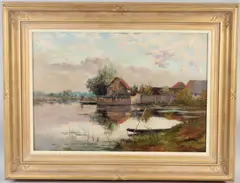 River scene with boatman crossing by Alphonse Rey, oil on canvas, sold Aug 2026