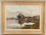 River scene with boatman crossing by Alphonse Rey, oil on canvas, sold Aug 2026