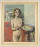 Nude female artist standing beside an easel by Michael D'Aguilar, oil on canvas, sold Aug 2026