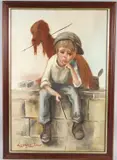 Boy with dog seated on a wall fishing by Barry Leighton-Jones, oil on canvas, sold Aug 2026