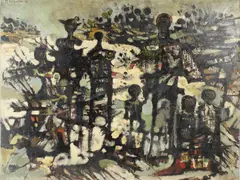 Semi abstract figures in a landscape by Michael D'Aguilar, oil on board, sold Aug 2026