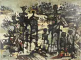 Semi abstract figures in a landscape by Michael D'Aguilar, oil on board, sold Aug 2026