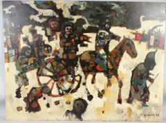 Scene of figures with horse and carriage by Michael D'Aguilar, 1962, oil on board, sold Aug 2026