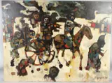 Scene of figures with horse and carriage by Michael D'Aguilar, 1962, oil on board, sold Aug 2026