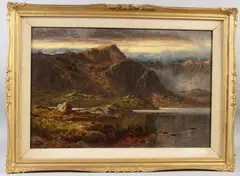 Mountain landscape in twilight by Benjamin Williams Leader, oil, sold Aug 2026