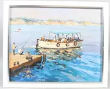 Coastal view with fishermen on a pier by Anatoli Demenko, oil on canvas, sold Aug 2026