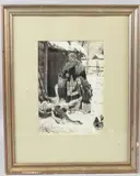 Winter scene of a woman and child feeding geese monochome by David Sololmonovich Khaikin, watercolour, offered Aug 2026