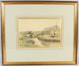 River landscape with boats and figures by Charles Harmony Harrison, watercolor, sold Aug 2026