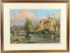 River scene with swans and spire by Walter Holmes, pastel, sold Aug 2026