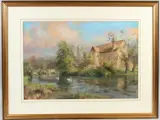 River scene with swans and spire by Walter Holmes, pastel, sold Aug 2026