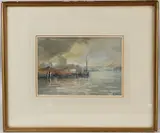 View of a dock with windmill by Withdrawn Hercules Brabazon Brabazon, watercolour, offered Aug 2026