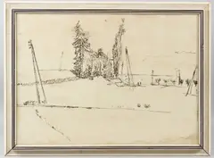 Landscape with trees and telegraph posts monoprint by David Peretz, 1962, print (other), sold Aug 2026