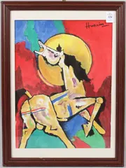 Indian a horse with a halo by Maqboul Fida Husain, oil on board, sold Jul 2026