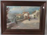 View of Spanish town with figures on a road by Alfredo Scocchera, oil on canvas, offered Jul 2026
