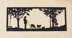 Woodland scene of a shepherd and flock paper cut out silhouette by Hans Brasch, oil, sold Jul 2026