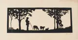 Woodland scene of a shepherd and flock paper cut out silhouette by Hans Brasch, oil, sold Jul 2026