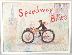 Speedway Bikes by Simeon Stafford, oil on board, sold Jul 2026