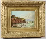 Coastal view of cliffs and crashing waves by Victor Coste, 1907, oil on board, sold Jul 2026