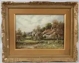 View of a cottage with girl amongst blossom trees by Robert John Hammond, oil on canvas, offered Jul 2026