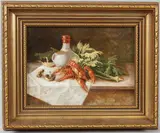 Still life with lobsters by F J Turner, oil on canvas, sold Jul 2026