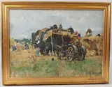 Harvesting scene by Edvard Virgikovski, oil on canvas board, offered Jul 2026