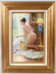 Nude kneeling at a window by Constantin Razoumov, oil on canvas, sold Jul 2026