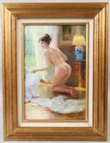 Nude kneeling at a window by Constantin Razoumov, oil on canvas, sold Jul 2026