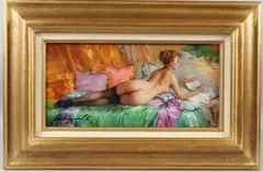 Nude reading on a couch by Constantin Razoumov, oil on canvas, sold Jul 2026
