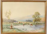 Landscape with farmer and cattle at a rivers edge by David Bates, watercolour, offered Jul 2026
