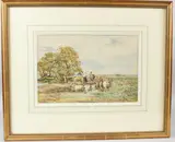 Landscape with figures at a bridge by Claude Hayes, watercolour, sold Jul 2026